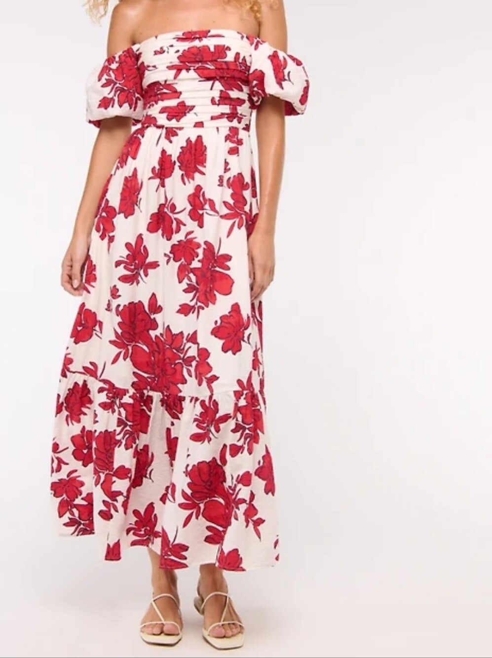 Abercrombie & Fitch Emerson Off Shoulder Maxi Dress In Red and White Botanical - Picture 7 of 16